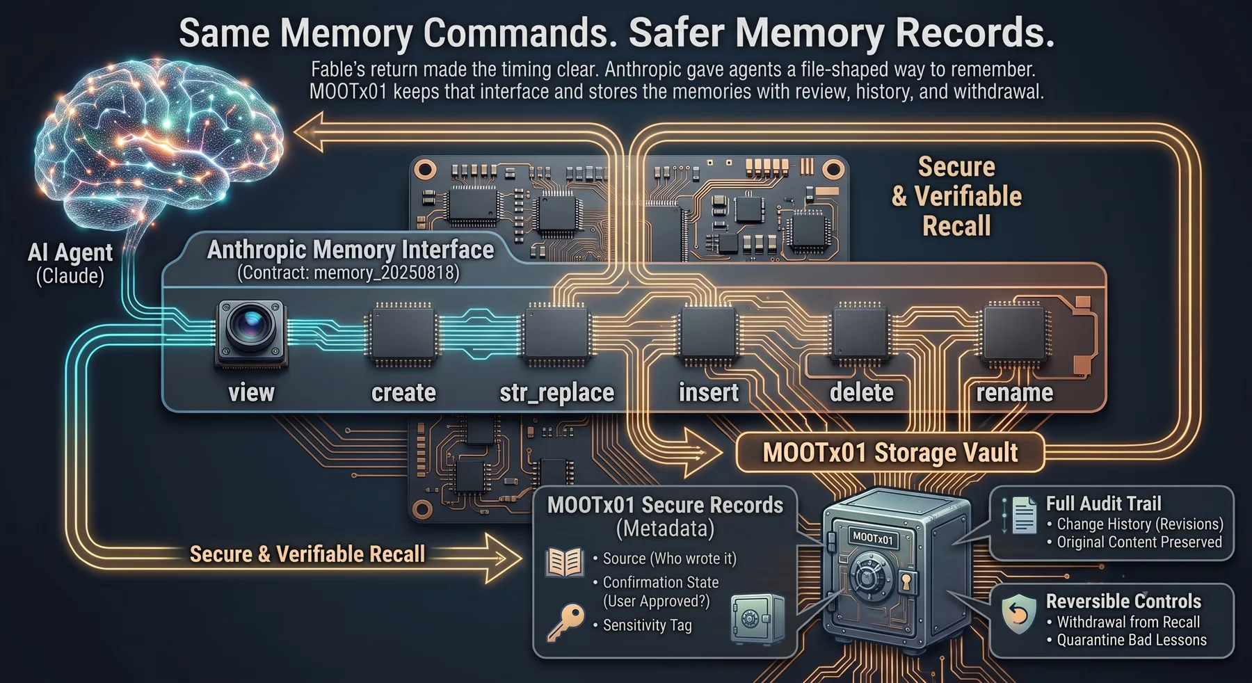 Diagram: Claude uses the Anthropic memory interface (view, create, str_replace, insert, delete, rename) while MOOTx01 stores each memory in a vault with source records, confirmation state, full audit trail, and reversible controls.